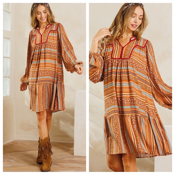 40 Fabulous Boho Printed caftan Style Long Balloon Sleeve Midi Dress - Picture 3 of 6